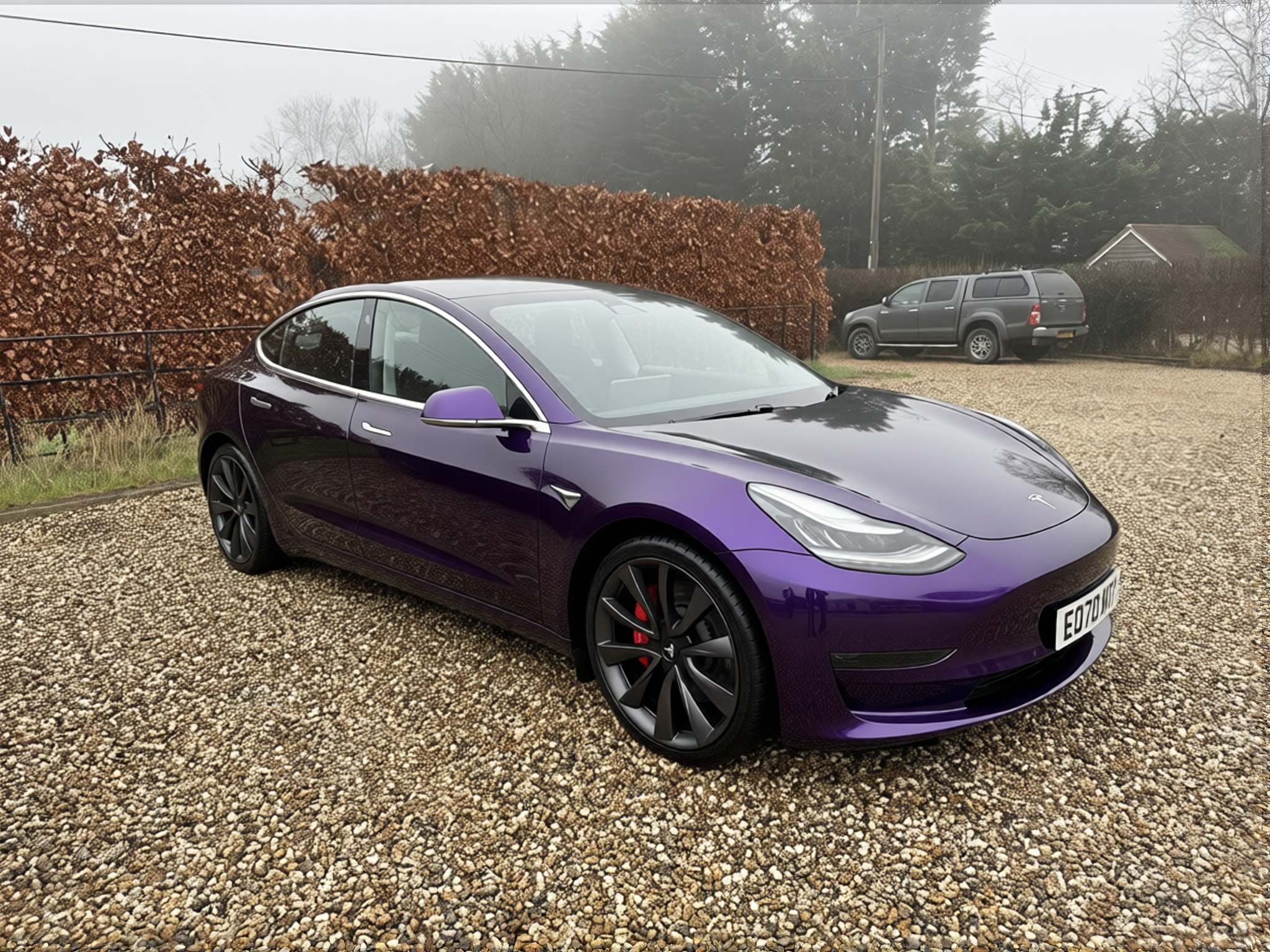 Tesla Model 3 rendered in Midnight Purple gloss paint
